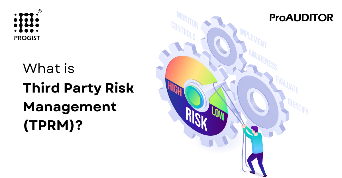 Visual representation of Third-Party Risk Management (TPRM) with gears showing risk levels and key steps like identify, evaluate, and monitor.