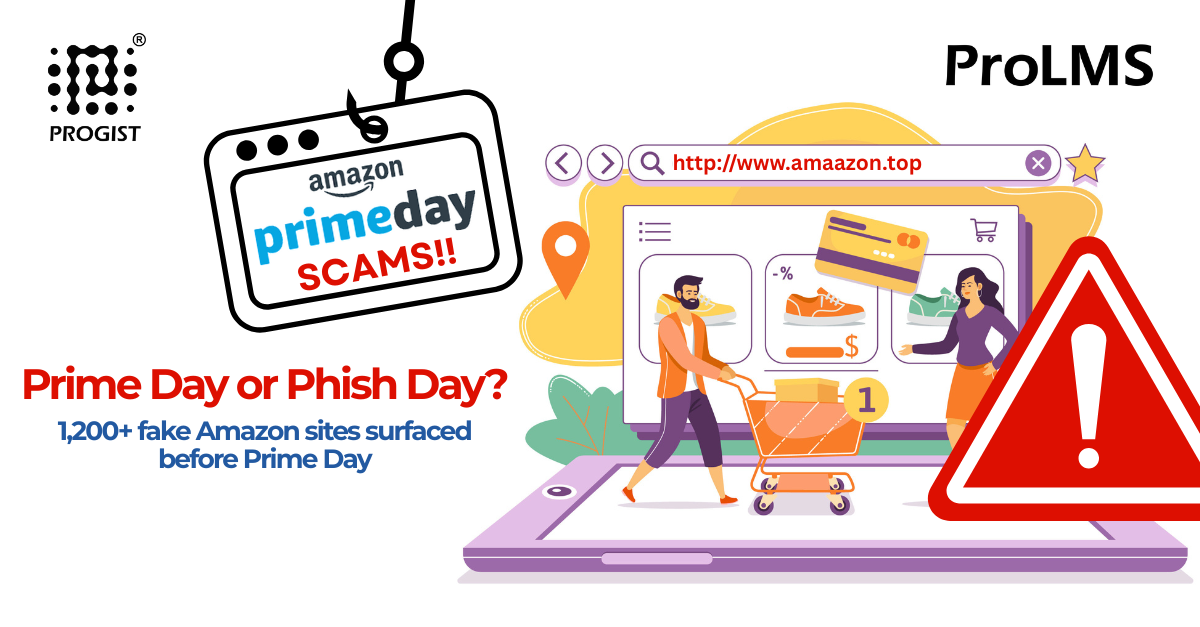 Illustration of a phishing hook catching a bright “Prime Deal” shopping tag, styled like an Amazon sale label. In the background, a blurred fake website with a suspicious URL (e.g., “amaazon.top”) hints at a phishing scam. The visual represents how cyber attackers mimic real sales to trick users.